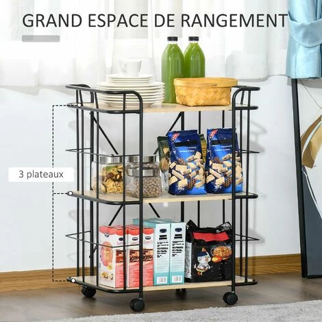 HOMCOM Chariot De Service Desserte Vintage Style Industriel 3 étagères Métal Noir MDF Aspect Bois Chêne Clair - Beige 6 HOMCOM Chariot De Service Desserte Vintage Style Industriel 3 étagères Métal Noir MDF Aspect Bois Chêne Clair - Beige – Image 4