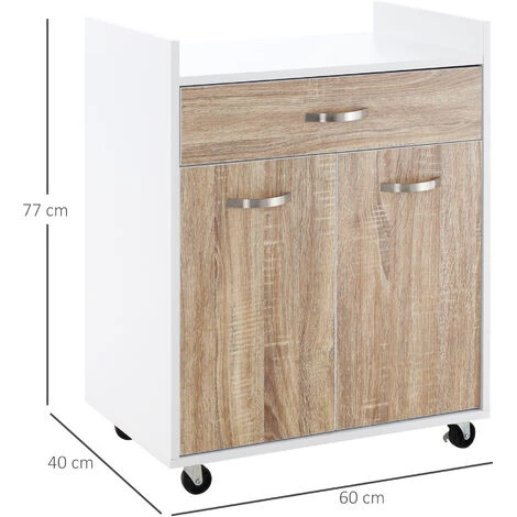 HOMCOM Chariot De Service Desserte De Cuisine à Roulettes Tiroir Placard 2 Portes étagère Panneaux Particules Blanc Aspect Chêne Clair - Beige 5 HOMCOM Chariot De Service Desserte De Cuisine à Roulettes Tiroir Placard 2 Portes étagère Panneaux Particules Blanc Aspect Chêne Clair - Beige – Image 3
