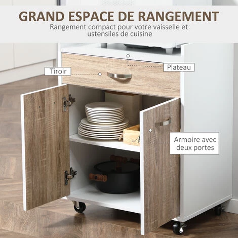 HOMCOM Chariot De Service Desserte De Cuisine à Roulettes Tiroir Placard 2 Portes étagère Panneaux Particules Blanc Aspect Chêne Clair - Beige 6 HOMCOM Chariot De Service Desserte De Cuisine à Roulettes Tiroir Placard 2 Portes étagère Panneaux Particules Blanc Aspect Chêne Clair - Beige – Image 4