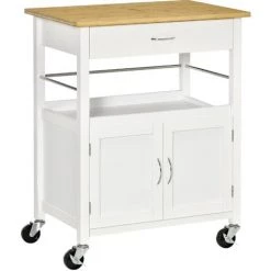 HOMCOM Desserte De Cuisine Multi-rangements - Dim. 73L X 50l X 91H Cm - Poignées Métal MDF Blanc Plateau Bois Bambou Verni - Blanc