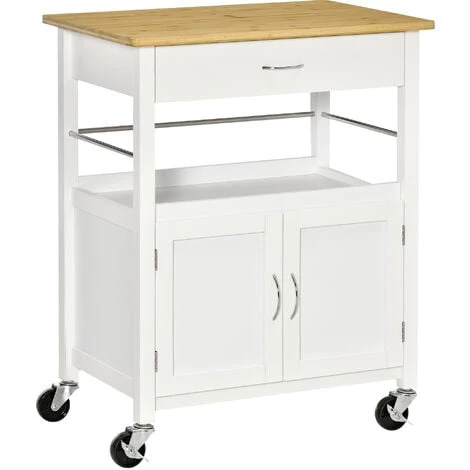 HOMCOM Desserte De Cuisine Multi-rangements - Dim. 73L X 50l X 91H Cm - Poignées Métal MDF Blanc Plateau Bois Bambou Verni - Blanc 3 HOMCOM Desserte De Cuisine Multi-rangements - Dim. 73L X 50l X 91H Cm - Poignées Métal MDF Blanc Plateau Bois Bambou Verni - Blanc