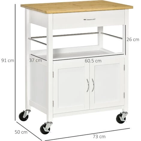 HOMCOM Desserte De Cuisine Multi-rangements - Dim. 73L X 50l X 91H Cm - Poignées Métal MDF Blanc Plateau Bois Bambou Verni - Blanc 5 HOMCOM Desserte De Cuisine Multi-rangements - Dim. 73L X 50l X 91H Cm - Poignées Métal MDF Blanc Plateau Bois Bambou Verni - Blanc – Image 3
