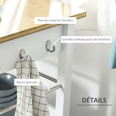 HOMCOM Desserte De Cuisine Multi-rangements - Dim. 73L X 50l X 91H Cm - Poignées Métal MDF Blanc Plateau Bois Bambou Verni - Blanc 6 HOMCOM Desserte De Cuisine Multi-rangements - Dim. 73L X 50l X 91H Cm - Poignées Métal MDF Blanc Plateau Bois Bambou Verni - Blanc – Image 4