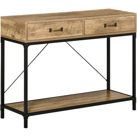 HOMCOM Console Table D'appoint Design Industriel Dim. 100L X 35l X 76H Cm 2 Tiroirs Poignées Laiton Vieilli étagère Métal Noir Aspect Bois Veinage - Marron 3 HOMCOM Console Table D'appoint Design Industriel Dim. 100L X 35l X 76H Cm 2 Tiroirs Poignées Laiton Vieilli étagère Métal Noir Aspect Bois Veinage - Marron