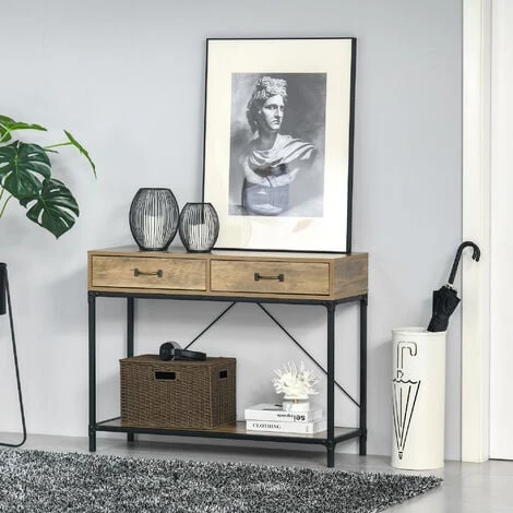 HOMCOM Console Table D'appoint Design Industriel Dim. 100L X 35l X 76H Cm 2 Tiroirs Poignées Laiton Vieilli étagère Métal Noir Aspect Bois Veinage - Marron 4 HOMCOM Console Table D'appoint Design Industriel Dim. 100L X 35l X 76H Cm 2 Tiroirs Poignées Laiton Vieilli étagère Métal Noir Aspect Bois Veinage - Marron – Image 2