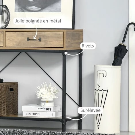 HOMCOM Console Table D'appoint Design Industriel Dim. 100L X 35l X 76H Cm 2 Tiroirs Poignées Laiton Vieilli étagère Métal Noir Aspect Bois Veinage - Marron 7 HOMCOM Console Table D'appoint Design Industriel Dim. 100L X 35l X 76H Cm 2 Tiroirs Poignées Laiton Vieilli étagère Métal Noir Aspect Bois Veinage - Marron – Image 5