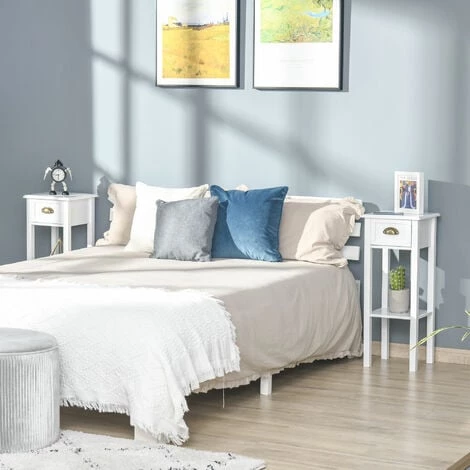 HOMCOM Lot De 2 Tables D'appoint Bout De Canapé Guéridon - Tiroir, étagère - Dim. 30L X 30l X 75H Cm - Poignées Coquilles Laiton Vieilli MDF Blanc 4 HOMCOM Lot De 2 Tables D'appoint Bout De Canapé Guéridon - Tiroir, étagère - Dim. 30L X 30l X 75H Cm - Poignées Coquilles Laiton Vieilli MDF Blanc – Image 2