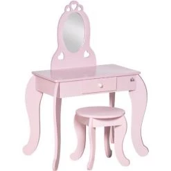 HOMCOM Coiffeuse Enfant Design Girly Avec Motifs à Coeur - Tabouret Inclus - Dim. 60L X 36l X 88H Cm - Tiroir, Miroir - MDF - Rose - Rose