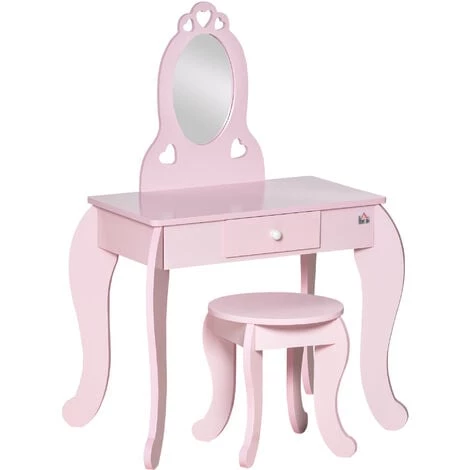HOMCOM Coiffeuse Enfant Design Girly Avec Motifs à Coeur - Tabouret Inclus - Dim. 60L X 36l X 88H Cm - Tiroir, Miroir - MDF - Rose - Rose 3 HOMCOM Coiffeuse Enfant Design Girly Avec Motifs à Coeur - Tabouret Inclus - Dim. 60L X 36l X 88H Cm - Tiroir, Miroir - MDF - Rose - Rose