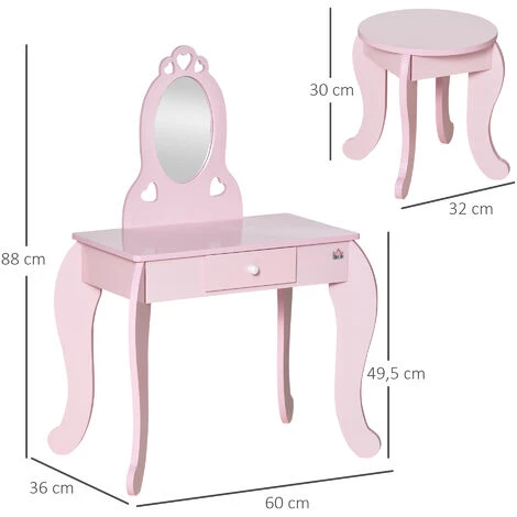 HOMCOM Coiffeuse Enfant Design Girly Avec Motifs à Coeur - Tabouret Inclus - Dim. 60L X 36l X 88H Cm - Tiroir, Miroir - MDF - Rose - Rose 5 HOMCOM Coiffeuse Enfant Design Girly Avec Motifs à Coeur - Tabouret Inclus - Dim. 60L X 36l X 88H Cm - Tiroir, Miroir - MDF - Rose - Rose – Image 3