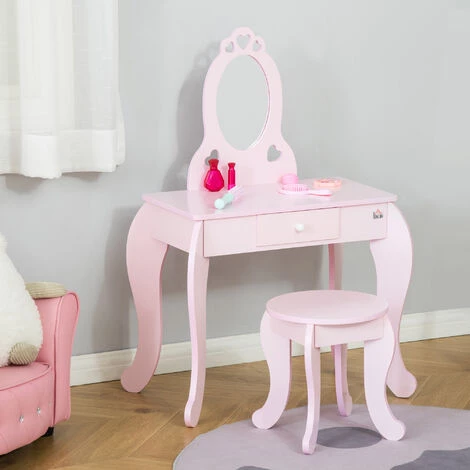 HOMCOM Coiffeuse Enfant Design Girly Avec Motifs à Coeur - Tabouret Inclus - Dim. 60L X 36l X 88H Cm - Tiroir, Miroir - MDF - Rose - Rose 6 HOMCOM Coiffeuse Enfant Design Girly Avec Motifs à Coeur - Tabouret Inclus - Dim. 60L X 36l X 88H Cm - Tiroir, Miroir - MDF - Rose - Rose – Image 4
