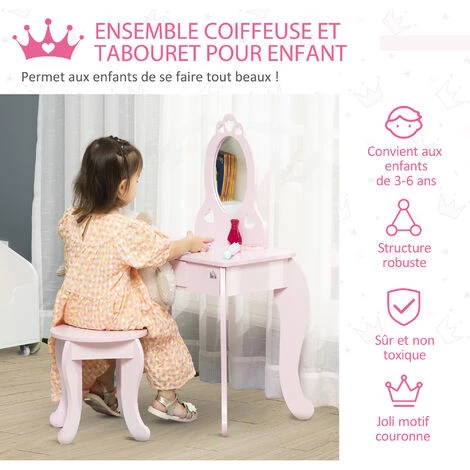 HOMCOM Coiffeuse Enfant Design Girly Avec Motifs à Coeur - Tabouret Inclus - Dim. 60L X 36l X 88H Cm - Tiroir, Miroir - MDF - Rose - Rose 7 HOMCOM Coiffeuse Enfant Design Girly Avec Motifs à Coeur - Tabouret Inclus - Dim. 60L X 36l X 88H Cm - Tiroir, Miroir - MDF - Rose - Rose – Image 5