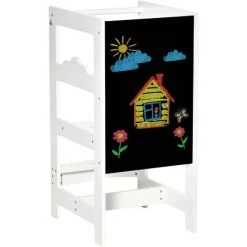 HOMCOM Tour D'apprentissage Tableau à Craie 2 En 1 - Tour D'observation Pour Enfant 3-6 Ans - Marches Antidérapantes, Barreau, Hauts Rebords De Sécurité - MDF Blanc Noir - Blanc