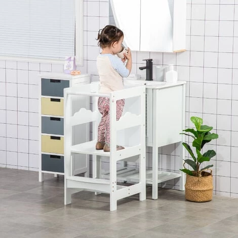 HOMCOM Tour D'apprentissage Tableau à Craie 2 En 1 - Tour D'observation Pour Enfant 3-6 Ans - Marches Antidérapantes, Barreau, Hauts Rebords De Sécurité - MDF Blanc Noir - Blanc 4 HOMCOM Tour D'apprentissage Tableau à Craie 2 En 1 - Tour D'observation Pour Enfant 3-6 Ans - Marches Antidérapantes, Barreau, Hauts Rebords De Sécurité - MDF Blanc Noir - Blanc – Image 2