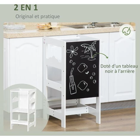 HOMCOM Tour D'apprentissage Tableau à Craie 2 En 1 - Tour D'observation Pour Enfant 3-6 Ans - Marches Antidérapantes, Barreau, Hauts Rebords De Sécurité - MDF Blanc Noir - Blanc 6 HOMCOM Tour D'apprentissage Tableau à Craie 2 En 1 - Tour D'observation Pour Enfant 3-6 Ans - Marches Antidérapantes, Barreau, Hauts Rebords De Sécurité - MDF Blanc Noir - Blanc – Image 4