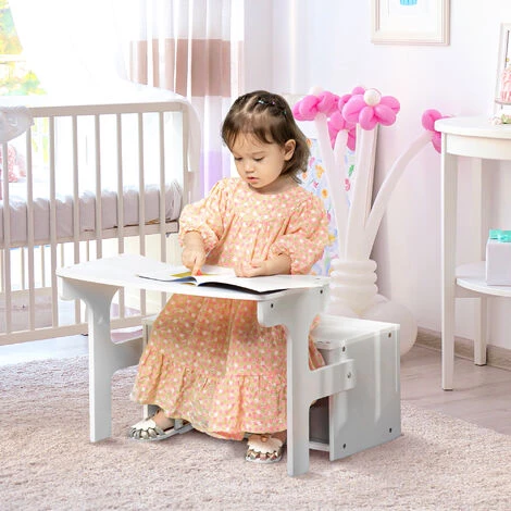 HOMCOM Banc Bureau Tiroirs 3 En 1 Pour Enfant - Accoudoirs Dossier Relevable - MDF Non Tissé Blanc Gris 4 HOMCOM Banc Bureau Tiroirs 3 En 1 Pour Enfant - Accoudoirs Dossier Relevable - MDF Non Tissé Blanc Gris – Image 2