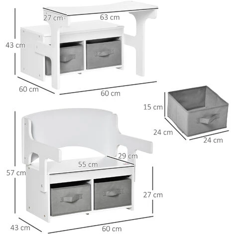 HOMCOM Banc Bureau Tiroirs 3 En 1 Pour Enfant - Accoudoirs Dossier Relevable - MDF Non Tissé Blanc Gris 5 HOMCOM Banc Bureau Tiroirs 3 En 1 Pour Enfant - Accoudoirs Dossier Relevable - MDF Non Tissé Blanc Gris – Image 3