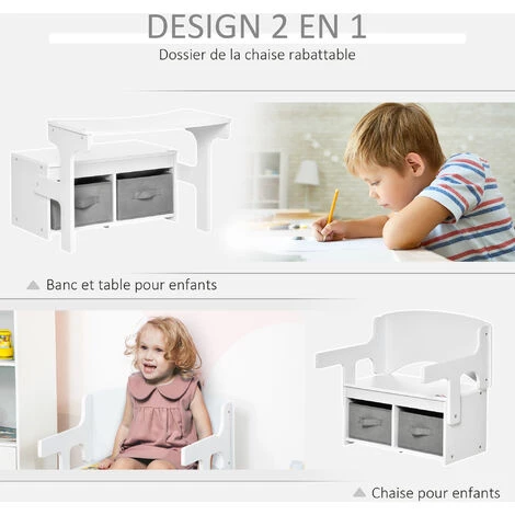 HOMCOM Banc Bureau Tiroirs 3 En 1 Pour Enfant - Accoudoirs Dossier Relevable - MDF Non Tissé Blanc Gris 7 HOMCOM Banc Bureau Tiroirs 3 En 1 Pour Enfant - Accoudoirs Dossier Relevable - MDF Non Tissé Blanc Gris – Image 5