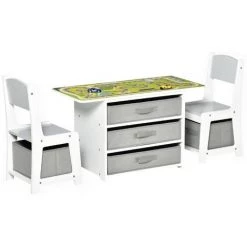 HOMCOM Ensemble Table Et Chaises Enfant - Set De 3 Pièces + 5 Tiroirs Non Tissés - Table étagère Pour Jouets 2 En 1 - Plateau Double Face Blanc Ou Circuit - 2 Voitures Incluses - MDF Blanc Gris