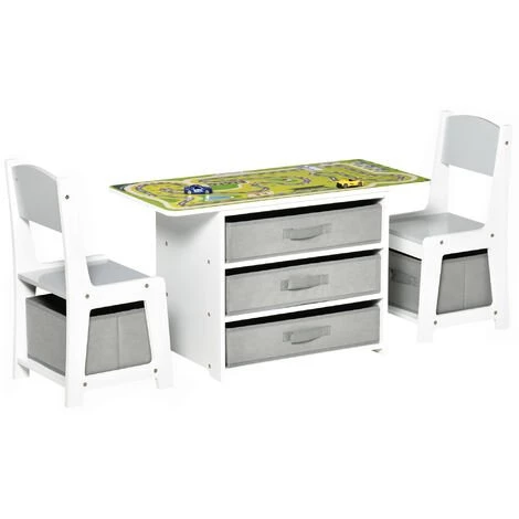 HOMCOM Ensemble Table Et Chaises Enfant - Set De 3 Pièces + 5 Tiroirs Non Tissés - Table étagère Pour Jouets 2 En 1 - Plateau Double Face Blanc Ou Circuit - 2 Voitures Incluses - MDF Blanc Gris 3 HOMCOM Ensemble Table Et Chaises Enfant - Set De 3 Pièces + 5 Tiroirs Non Tissés - Table étagère Pour Jouets 2 En 1 - Plateau Double Face Blanc Ou Circuit - 2 Voitures Incluses - MDF Blanc Gris