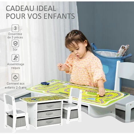 HOMCOM Ensemble Table Et Chaises Enfant - Set De 3 Pièces + 5 Tiroirs Non Tissés - Table étagère Pour Jouets 2 En 1 - Plateau Double Face Blanc Ou Circuit - 2 Voitures Incluses - MDF Blanc Gris 6 HOMCOM Ensemble Table Et Chaises Enfant - Set De 3 Pièces + 5 Tiroirs Non Tissés - Table étagère Pour Jouets 2 En 1 - Plateau Double Face Blanc Ou Circuit - 2 Voitures Incluses - MDF Blanc Gris – Image 4