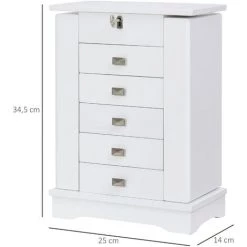 HOMCOM Armoire à Bijoux Avec Miroir - 5 Tiroirs Coulissants, 2 Compartiments Latéraux Avec Crochets, Rangement Haut à Bagues Verrouillable - MDF Blanc - Blanc -France HOMCOM Soldes 2022 42717410 3