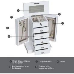 HOMCOM Armoire à Bijoux Avec Miroir - 5 Tiroirs Coulissants, 2 Compartiments Latéraux Avec Crochets, Rangement Haut à Bagues Verrouillable - MDF Blanc - Blanc -France HOMCOM Soldes 2022 42717410 4