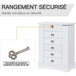 HOMCOM Armoire à Bijoux Avec Miroir - 5 Tiroirs Coulissants, 2 Compartiments Latéraux Avec Crochets, Rangement Haut à Bagues Verrouillable - MDF Blanc - Blanc -France HOMCOM Soldes 2022 42717410 5