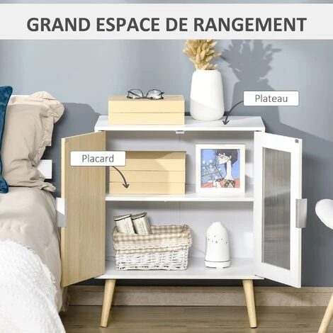 HOMCOM Buffet Meuble De Rangement Design Scandinave 2 Portes Avec étagère Dim. 60L X 40l X 72H Cm MDF Panneaux Particules Blanc Portes Motif Graphique Aspect Bois Clair Et Acrylique - Blanc 6 HOMCOM Buffet Meuble De Rangement Design Scandinave 2 Portes Avec étagère Dim. 60L X 40l X 72H Cm MDF Panneaux Particules Blanc Portes Motif Graphique Aspect Bois Clair Et Acrylique - Blanc – Image 4