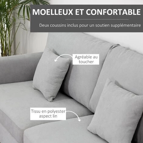HOMCOM Canapé 2 Places Grand Confort - Dim. 190L X 77l X 88H Cm - épais Garnissage Mousse Haute Densité 25D - 2 Coussins Offerts - Piètement Métal Noir Tissu Aspect Lin Gris Clair 7 HOMCOM Canapé 2 Places Grand Confort - Dim. 190L X 77l X 88H Cm - épais Garnissage Mousse Haute Densité 25D - 2 Coussins Offerts - Piètement Métal Noir Tissu Aspect Lin Gris Clair – Image 5