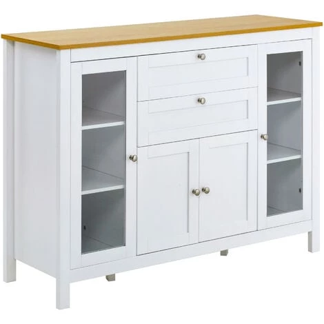 HOMCOM Buffet Style Classique Chic Multi-rangement 2 Portes 2 étagères Réglables 2 Tiroirs Coulissants Placard 2 Portes MDF Blanc Plateau Aspect Bois Clair - Blanc 3 HOMCOM Buffet Style Classique Chic Multi-rangement 2 Portes 2 étagères Réglables 2 Tiroirs Coulissants Placard 2 Portes MDF Blanc Plateau Aspect Bois Clair - Blanc