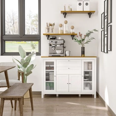 HOMCOM Buffet Style Classique Chic Multi-rangement 2 Portes 2 étagères Réglables 2 Tiroirs Coulissants Placard 2 Portes MDF Blanc Plateau Aspect Bois Clair - Blanc 4 HOMCOM Buffet Style Classique Chic Multi-rangement 2 Portes 2 étagères Réglables 2 Tiroirs Coulissants Placard 2 Portes MDF Blanc Plateau Aspect Bois Clair - Blanc – Image 2