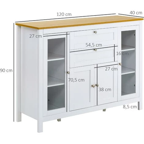 HOMCOM Buffet Style Classique Chic Multi-rangement 2 Portes 2 étagères Réglables 2 Tiroirs Coulissants Placard 2 Portes MDF Blanc Plateau Aspect Bois Clair - Blanc 5 HOMCOM Buffet Style Classique Chic Multi-rangement 2 Portes 2 étagères Réglables 2 Tiroirs Coulissants Placard 2 Portes MDF Blanc Plateau Aspect Bois Clair - Blanc – Image 3