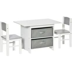 HOMCOM Ensemble Table Et Chaises Enfant - Set De 3 Pièces + 2 Tiroirs Non Tissés - Table étagère Pour Jouets 2 En 1 - MDF Blanc Gris