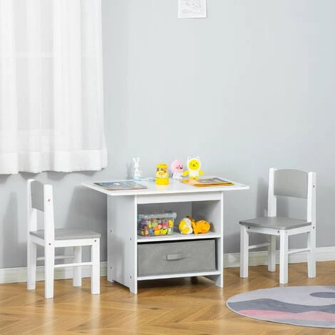 HOMCOM Ensemble Table Et Chaises Enfant - Set De 3 Pièces + 2 Tiroirs Non Tissés - Table étagère Pour Jouets 2 En 1 - MDF Blanc Gris 4 HOMCOM Ensemble Table Et Chaises Enfant - Set De 3 Pièces + 2 Tiroirs Non Tissés - Table étagère Pour Jouets 2 En 1 - MDF Blanc Gris – Image 2