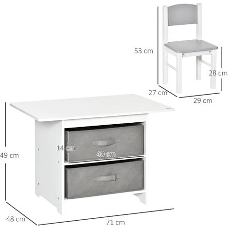 HOMCOM Ensemble Table Et Chaises Enfant - Set De 3 Pièces + 2 Tiroirs Non Tissés - Table étagère Pour Jouets 2 En 1 - MDF Blanc Gris 5 HOMCOM Ensemble Table Et Chaises Enfant - Set De 3 Pièces + 2 Tiroirs Non Tissés - Table étagère Pour Jouets 2 En 1 - MDF Blanc Gris – Image 3