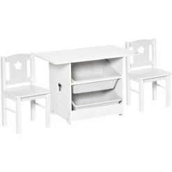 HOMCOM Ensemble Table Et Chaises Enfant - Set De 3 Pièces + 2 Bacs Amovibles - Table étagère Pour Jouets 2 En 1 - MDF PP Blanc Gris
