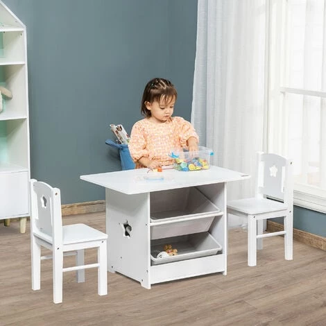 HOMCOM Ensemble Table Et Chaises Enfant - Set De 3 Pièces + 2 Bacs Amovibles - Table étagère Pour Jouets 2 En 1 - MDF PP Blanc Gris 4 HOMCOM Ensemble Table Et Chaises Enfant - Set De 3 Pièces + 2 Bacs Amovibles - Table étagère Pour Jouets 2 En 1 - MDF PP Blanc Gris – Image 2
