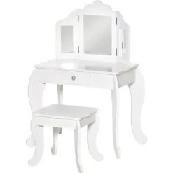 HOMCOM Coiffeuse Enfant Avec Tabouret, Miroir Triptyque Et Tiroir Coulissant - Coiffeuse Dim. 63L X 40l X 85,5H Cm - MDF Blanc Acrylique - Blanc