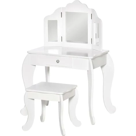 HOMCOM Coiffeuse Enfant Avec Tabouret, Miroir Triptyque Et Tiroir Coulissant - Coiffeuse Dim. 63L X 40l X 85,5H Cm - MDF Blanc Acrylique - Blanc 3 HOMCOM Coiffeuse Enfant Avec Tabouret, Miroir Triptyque Et Tiroir Coulissant - Coiffeuse Dim. 63L X 40l X 85,5H Cm - MDF Blanc Acrylique - Blanc