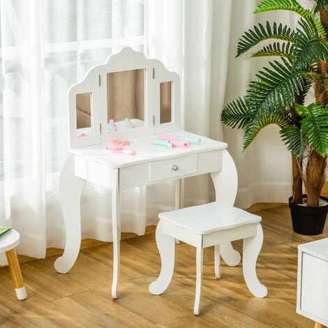 HOMCOM Coiffeuse Enfant Avec Tabouret, Miroir Triptyque Et Tiroir Coulissant - Coiffeuse Dim. 63L X 40l X 85,5H Cm - MDF Blanc Acrylique - Blanc 4 HOMCOM Coiffeuse Enfant Avec Tabouret, Miroir Triptyque Et Tiroir Coulissant - Coiffeuse Dim. 63L X 40l X 85,5H Cm - MDF Blanc Acrylique - Blanc – Image 2