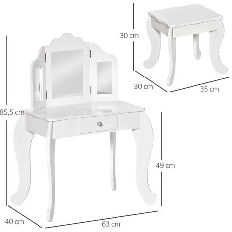 HOMCOM Coiffeuse Enfant Avec Tabouret, Miroir Triptyque Et Tiroir Coulissant - Coiffeuse Dim. 63L X 40l X 85,5H Cm - MDF Blanc Acrylique - Blanc 5 HOMCOM Coiffeuse Enfant Avec Tabouret, Miroir Triptyque Et Tiroir Coulissant - Coiffeuse Dim. 63L X 40l X 85,5H Cm - MDF Blanc Acrylique - Blanc – Image 3