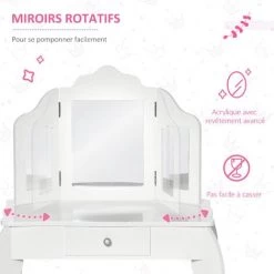HOMCOM Coiffeuse Enfant Avec Tabouret, Miroir Triptyque Et Tiroir Coulissant - Coiffeuse Dim. 63L X 40l X 85,5H Cm - MDF Blanc Acrylique - Blanc 11 HOMCOM Coiffeuse Enfant Avec Tabouret, Miroir Triptyque Et Tiroir Coulissant - Coiffeuse Dim. 63L X 40l X 85,5H Cm - MDF Blanc Acrylique - Blanc -France HOMCOM Soldes 2022 43541913 5