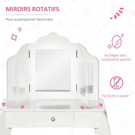 HOMCOM Coiffeuse Enfant Avec Tabouret, Miroir Triptyque Et Tiroir Coulissant - Coiffeuse Dim. 63L X 40l X 85,5H Cm - MDF Blanc Acrylique - Blanc 7 HOMCOM Coiffeuse Enfant Avec Tabouret, Miroir Triptyque Et Tiroir Coulissant - Coiffeuse Dim. 63L X 40l X 85,5H Cm - MDF Blanc Acrylique - Blanc – Image 5