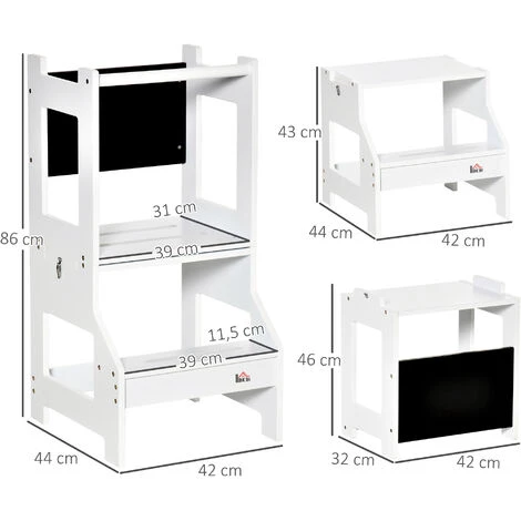 HOMCOM Tour D'apprentissage Tableau à Craie Tabouret Bureau 3 En 1 - Marches Antidérapantes, Barreau, Hauts Rebords De Sécurité - MDF Blanc Noir 5 HOMCOM Tour D'apprentissage Tableau à Craie Tabouret Bureau 3 En 1 - Marches Antidérapantes, Barreau, Hauts Rebords De Sécurité - MDF Blanc Noir – Image 3