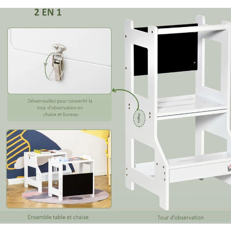 HOMCOM Tour D'apprentissage Tableau à Craie Tabouret Bureau 3 En 1 - Marches Antidérapantes, Barreau, Hauts Rebords De Sécurité - MDF Blanc Noir 6 HOMCOM Tour D'apprentissage Tableau à Craie Tabouret Bureau 3 En 1 - Marches Antidérapantes, Barreau, Hauts Rebords De Sécurité - MDF Blanc Noir – Image 4