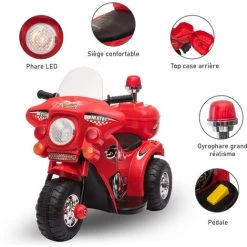 HOMCOM Moto Scooter électrique Pour Enfants Modèle Policier 6 V 3 Km/h Fonctions Lumineuses Et Sonores Top Case Rouge -France HOMCOM Soldes 2022 43542043 5