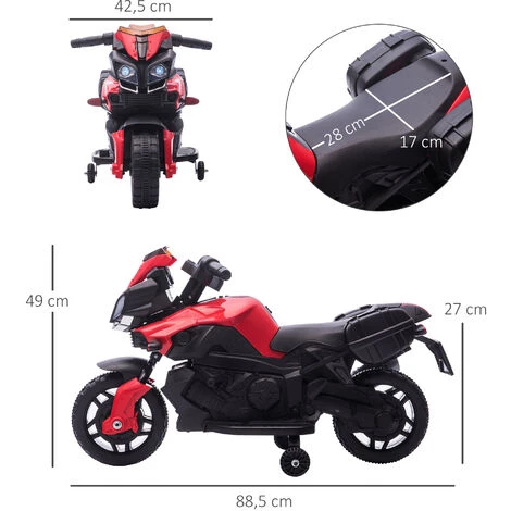 HOMCOM Moto électrique Enfant 6 V 3 Km/h Effet Lumineux Et Sonore Roulettes Amovibles Repose-pied Valises Latérales Métal PP Rouge Noir - Rouge 5 HOMCOM Moto électrique Enfant 6 V 3 Km/h Effet Lumineux Et Sonore Roulettes Amovibles Repose-pied Valises Latérales Métal PP Rouge Noir - Rouge – Image 3