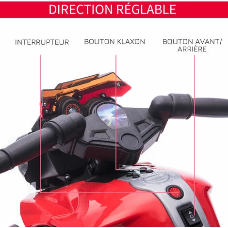 HOMCOM Moto électrique Enfant 6 V 3 Km/h Effet Lumineux Et Sonore Roulettes Amovibles Repose-pied Valises Latérales Métal PP Rouge Noir - Rouge 7 HOMCOM Moto électrique Enfant 6 V 3 Km/h Effet Lumineux Et Sonore Roulettes Amovibles Repose-pied Valises Latérales Métal PP Rouge Noir - Rouge – Image 5