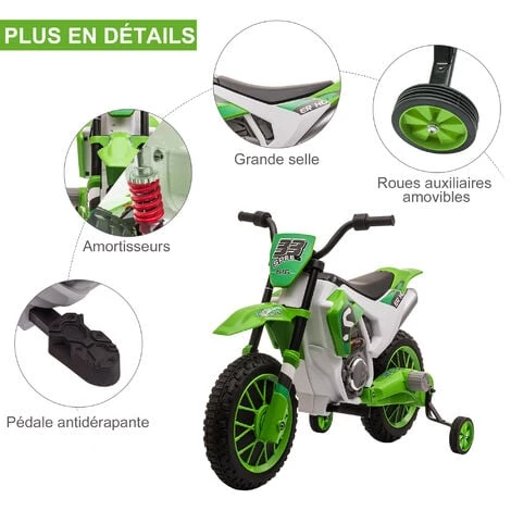 HOMCOM Moto Cross électrique Pour Enfant 3 à 5 Ans 12 V 3-8 Km/h Avec Roulettes Latérales Amovibles Dim. 106,5L X 51,5l X 68H Cm Vert 6 HOMCOM Moto Cross électrique Pour Enfant 3 à 5 Ans 12 V 3-8 Km/h Avec Roulettes Latérales Amovibles Dim. 106,5L X 51,5l X 68H Cm Vert – Image 4